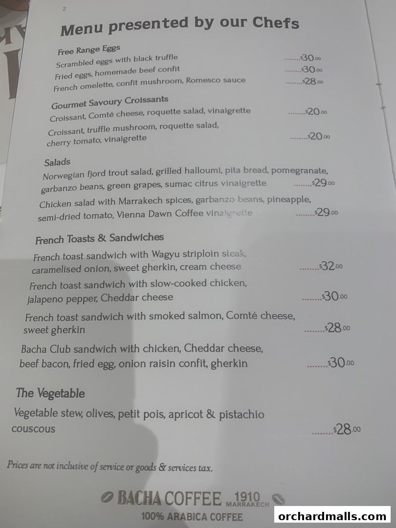 A menu from Bacha Coffee featuring breakfast, sandwiches, salads, and vegetable dishes.