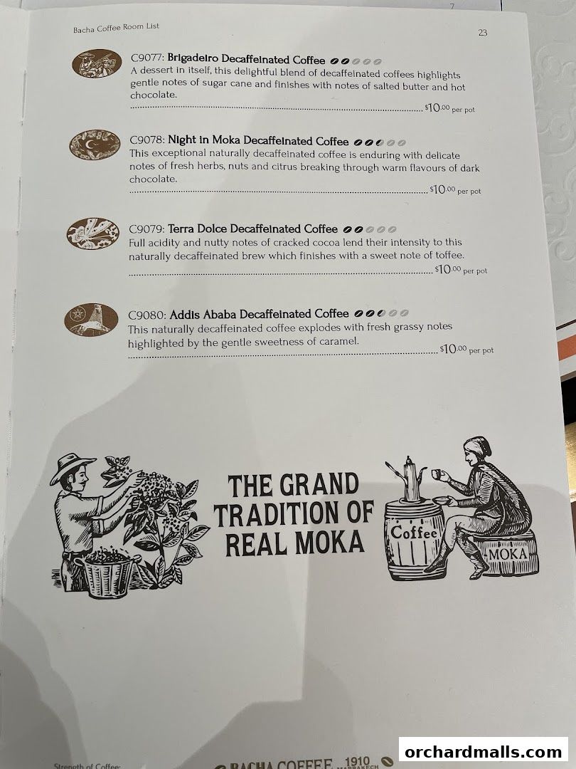 A menu page from Bacha Coffee listing various decaffeinated coffee options with descriptions and prices.