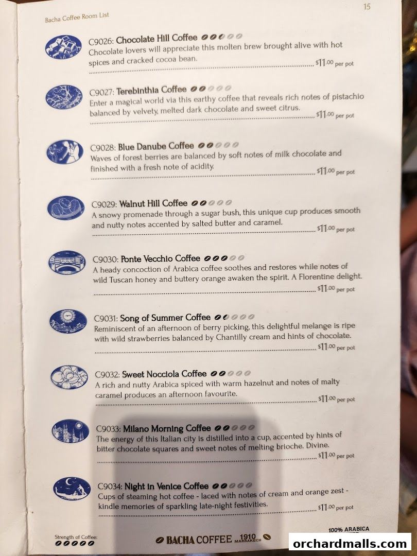 A menu from Bacha Coffee listing various coffee blends with descriptions and prices.