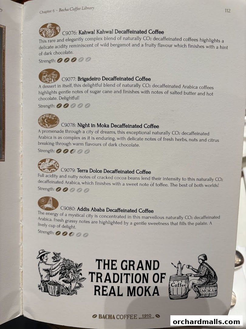 A page from the Bacha Coffee Library showcasing decaffeinated coffee selections.