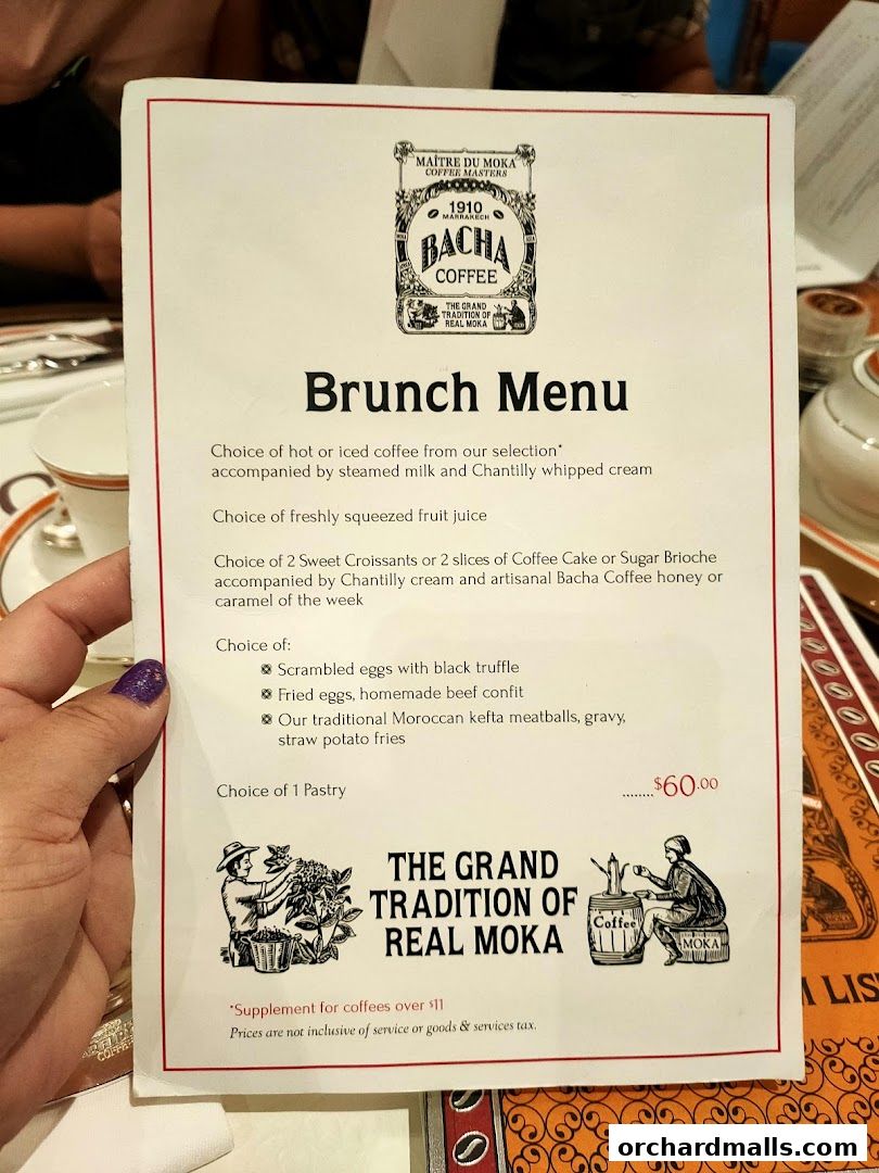A Bacha Coffee brunch menu featuring coffee, juice, pastries, and savory options.