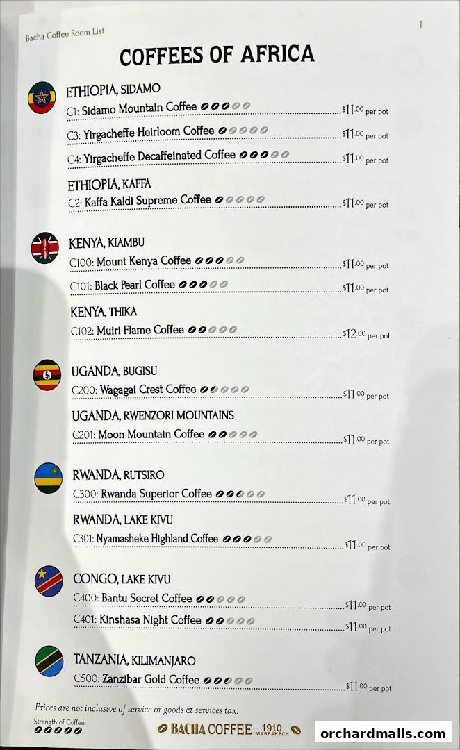 A menu listing various coffees from Africa with their origins and prices.