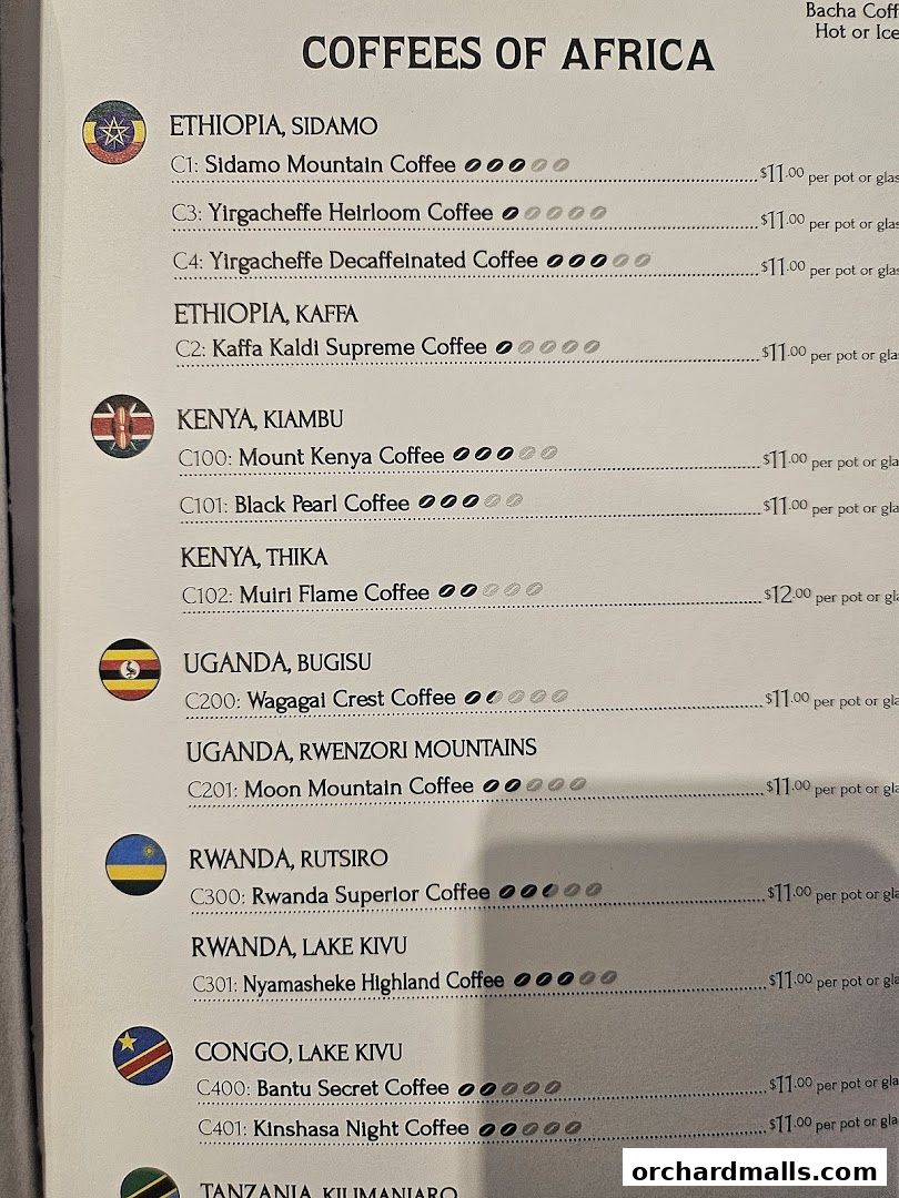 A menu showcasing a selection of coffees from various African countries.