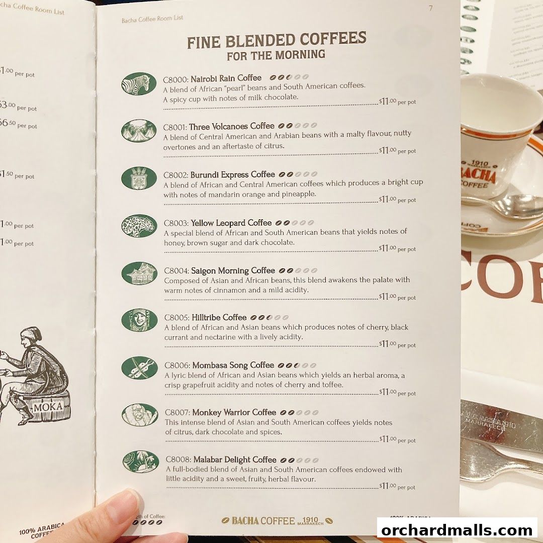 A menu page from Bacha Coffee featuring a selection of fine blended coffees for the morning.