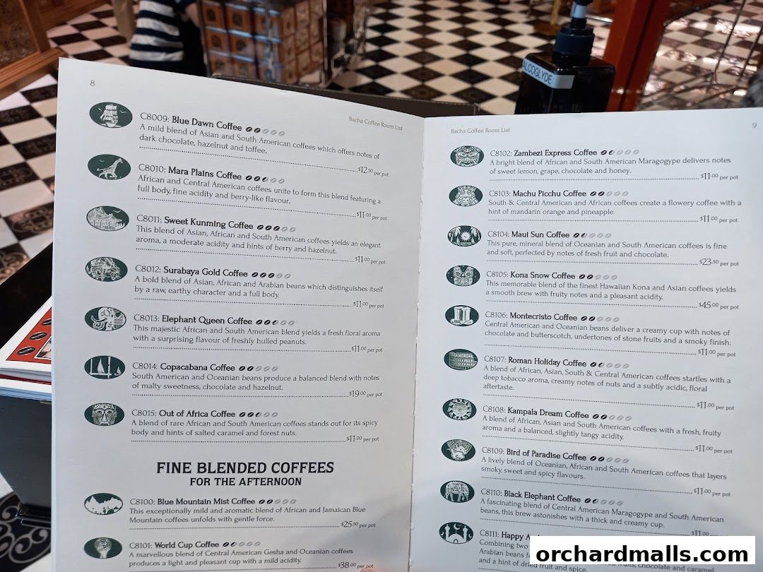 A menu from Bacha Coffee listing various coffee blends with descriptions and prices.