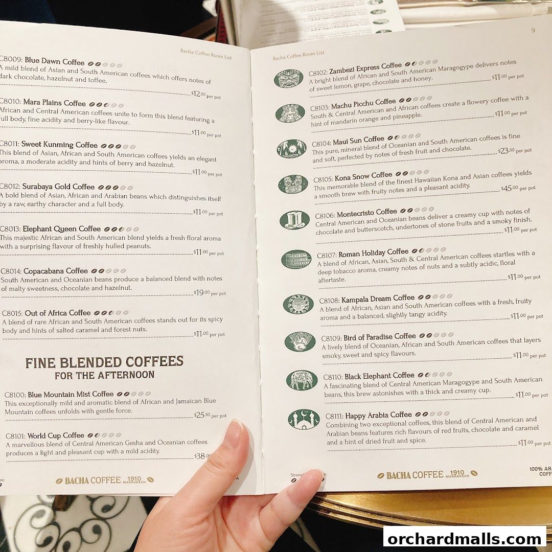 A Bacha Coffee menu listing various coffee blends with descriptions and prices.