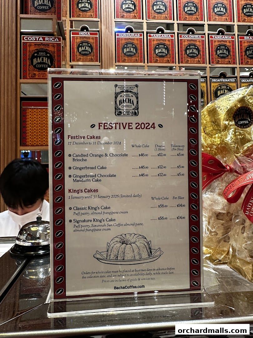 A menu for Bacha Coffee's Festive 2024 cakes and King's Cakes.