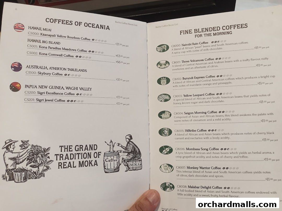 A menu from Bacha Coffee featuring coffees from Oceania and fine blended coffees.