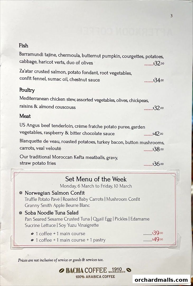 A menu from Bacha Coffee featuring fish, poultry, meat dishes, and a set menu.