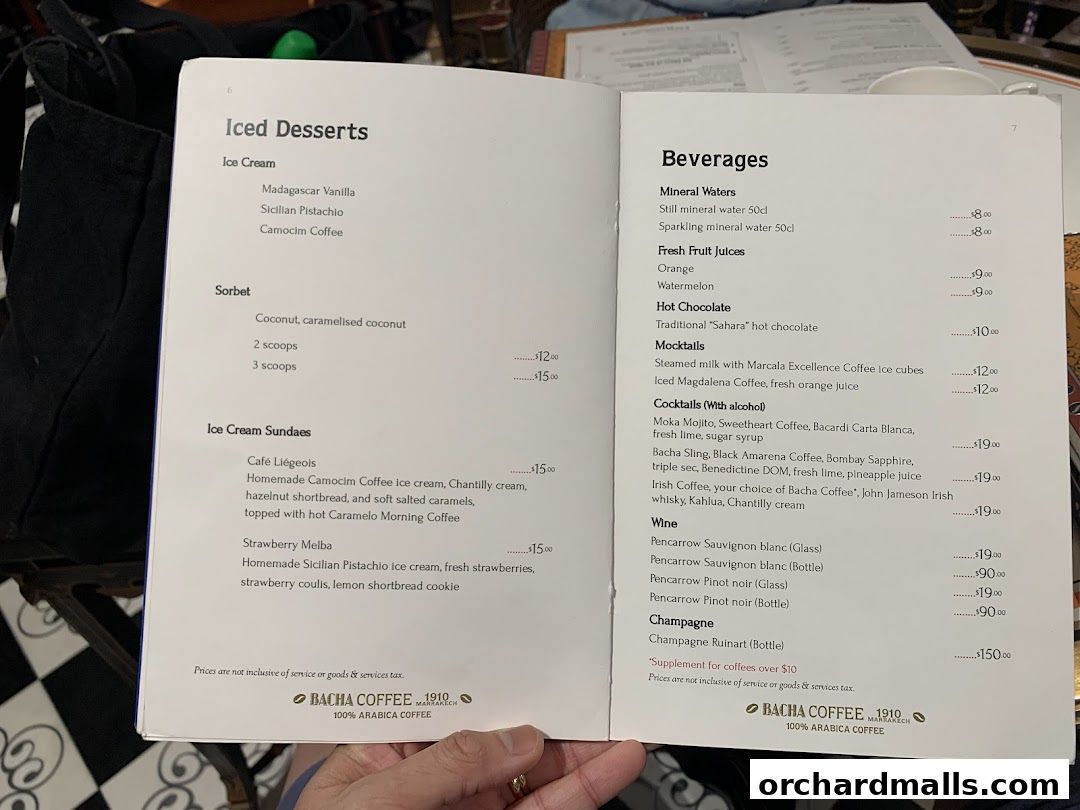 A menu from Bacha Coffee featuring Iced Desserts and Beverages with prices.