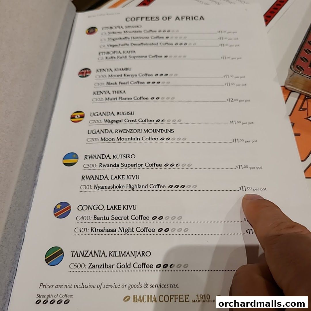 A menu showcasing coffees from various African regions with prices.