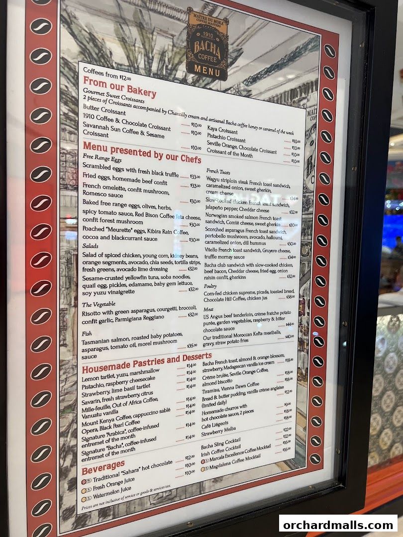 A menu from Bacha Coffee featuring a variety of coffees, bakery items, and chef-presented dishes.