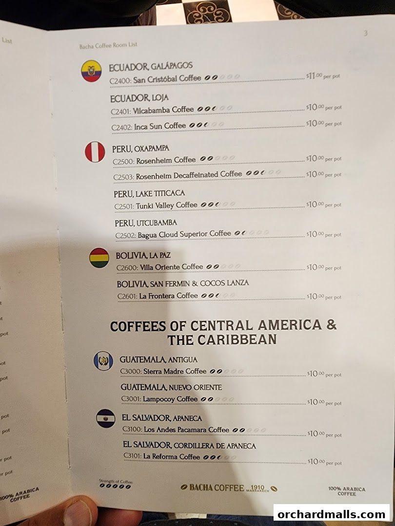 A Bacha Coffee menu listing coffees from Ecuador, Peru, Bolivia, Guatemala, and El Salvador.