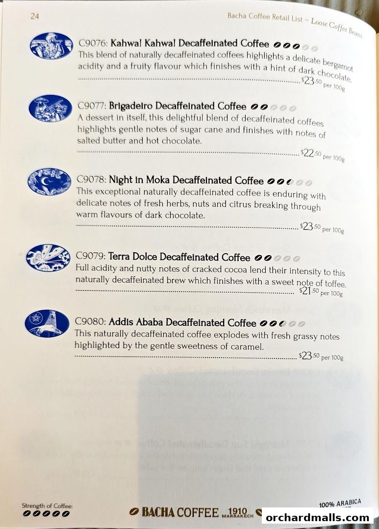 A page from Bacha Coffee's retail list featuring various decaffeinated coffee beans.