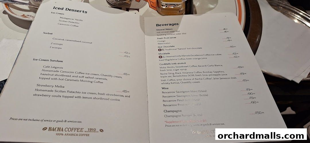 A menu from Bacha Coffee featuring Iced Desserts and Beverages with prices.