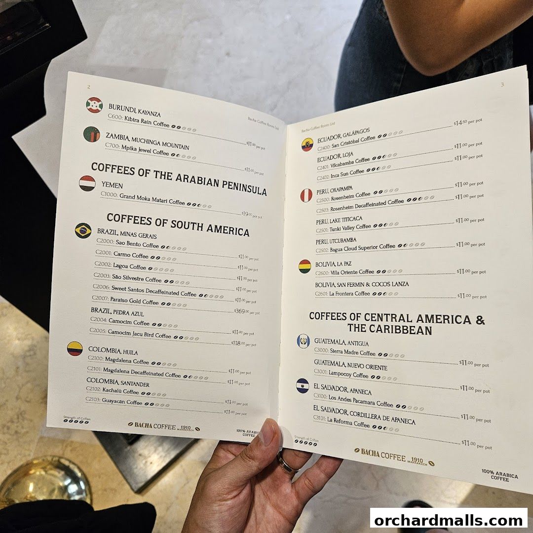 A person's hand holding open a Bacha Coffee menu with various coffee origins listed.