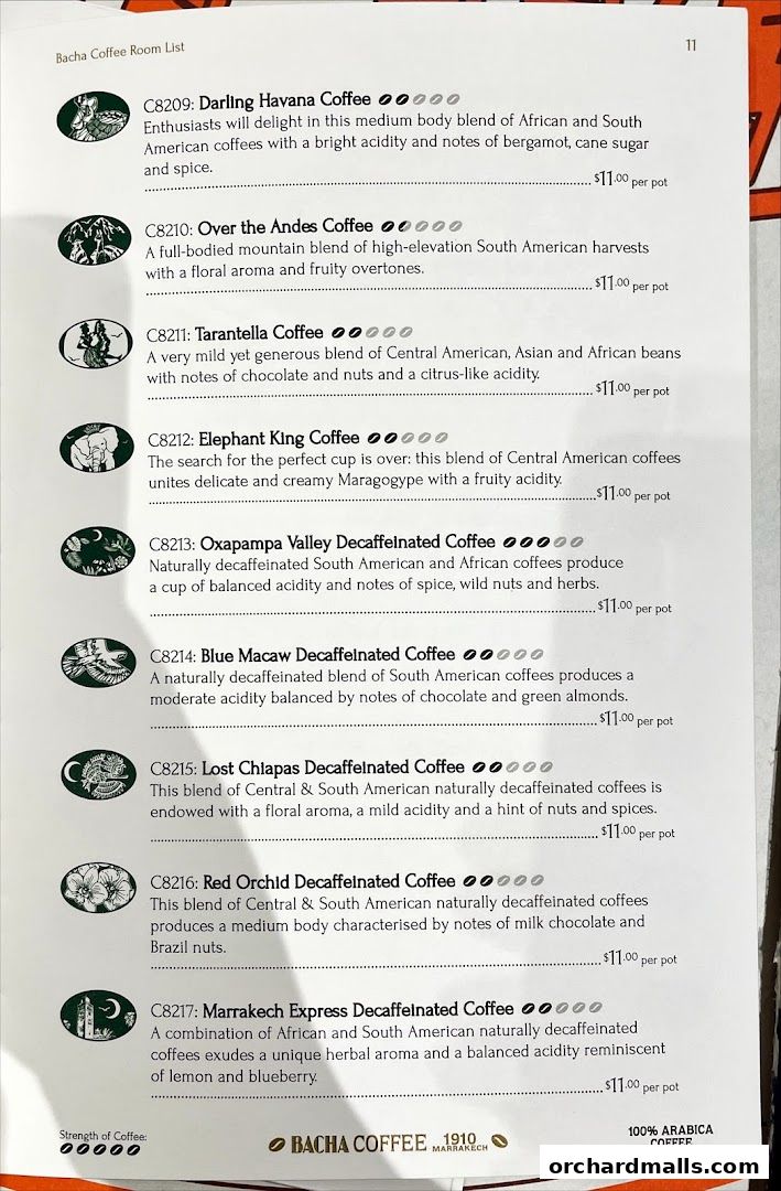 A menu page from Bacha Coffee listing various coffee blends with descriptions and prices.