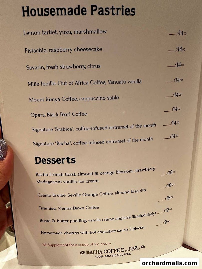 A menu from Bacha Coffee featuring housemade pastries and desserts with prices.