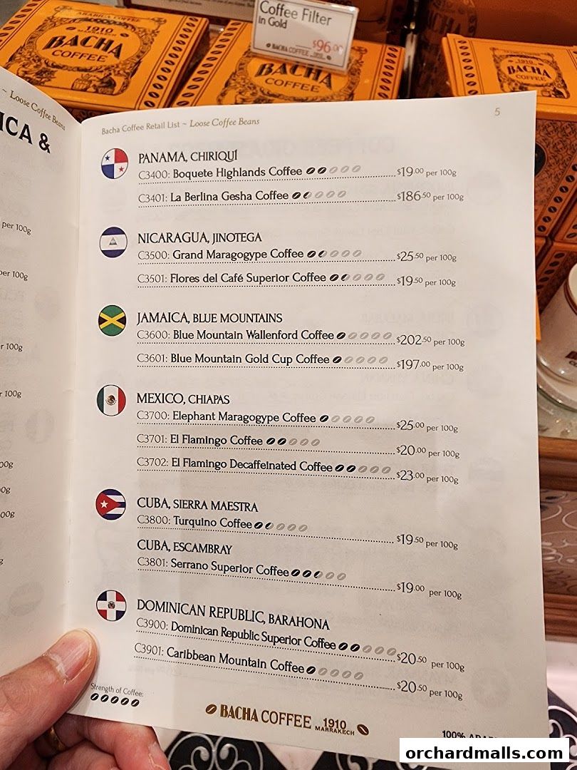 A Bacha Coffee retail list showcasing various loose coffee beans from different countries with prices.