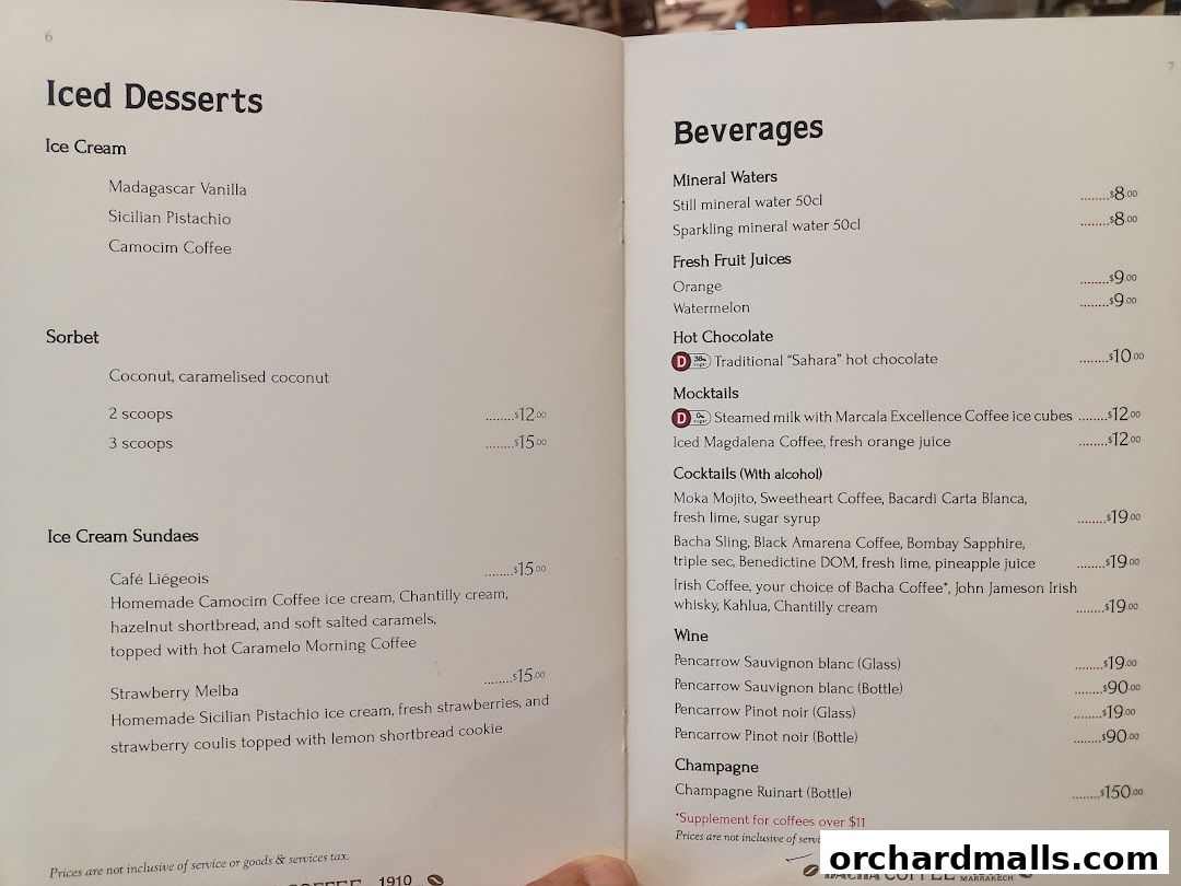 A menu from Bacha Coffee featuring Iced Desserts and Beverages with prices.