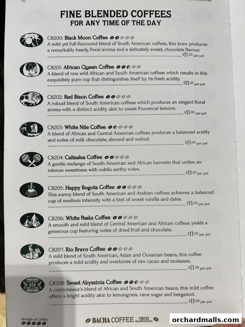 A menu page from Bacha Coffee featuring a selection of fine blended coffees with descriptions and prices.