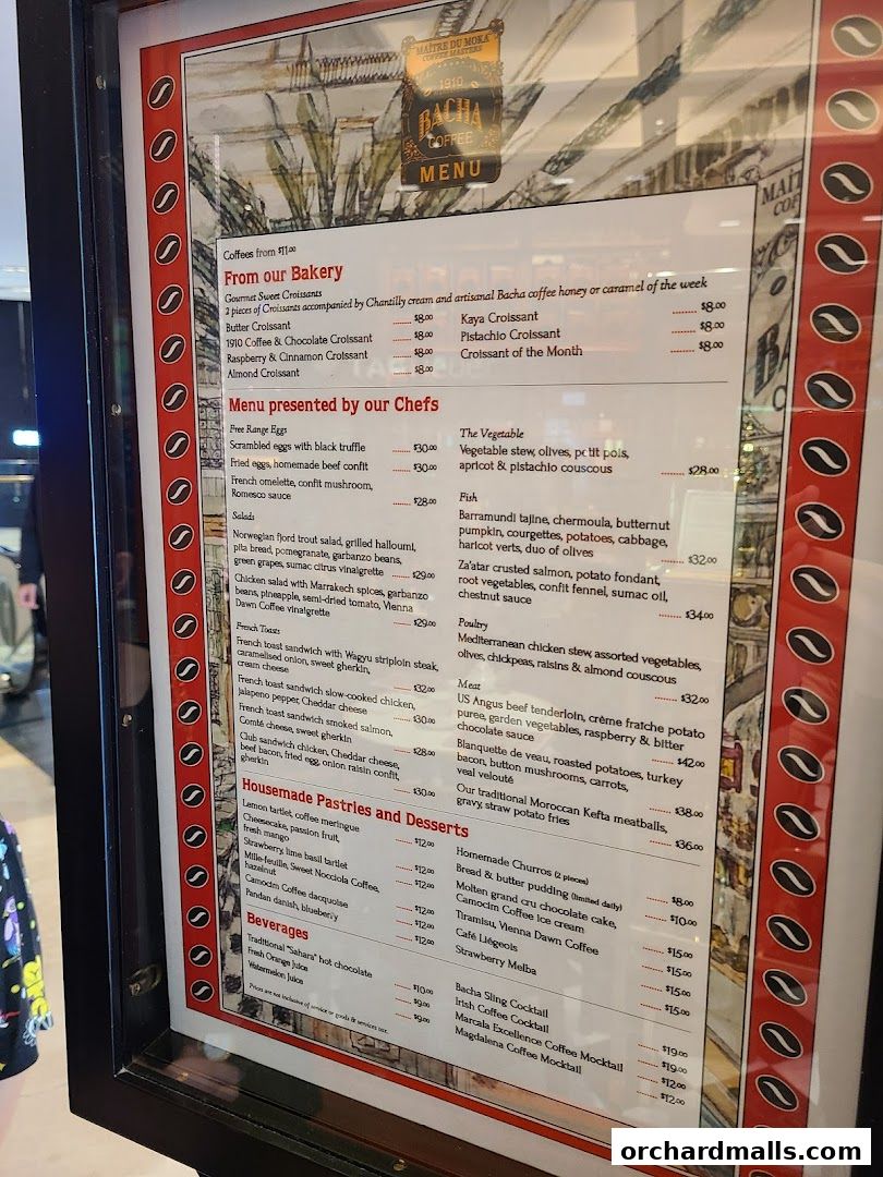 A menu from Bacha Coffee featuring bakery items, chef's specials, pastries, desserts, beverages, and cocktails.
