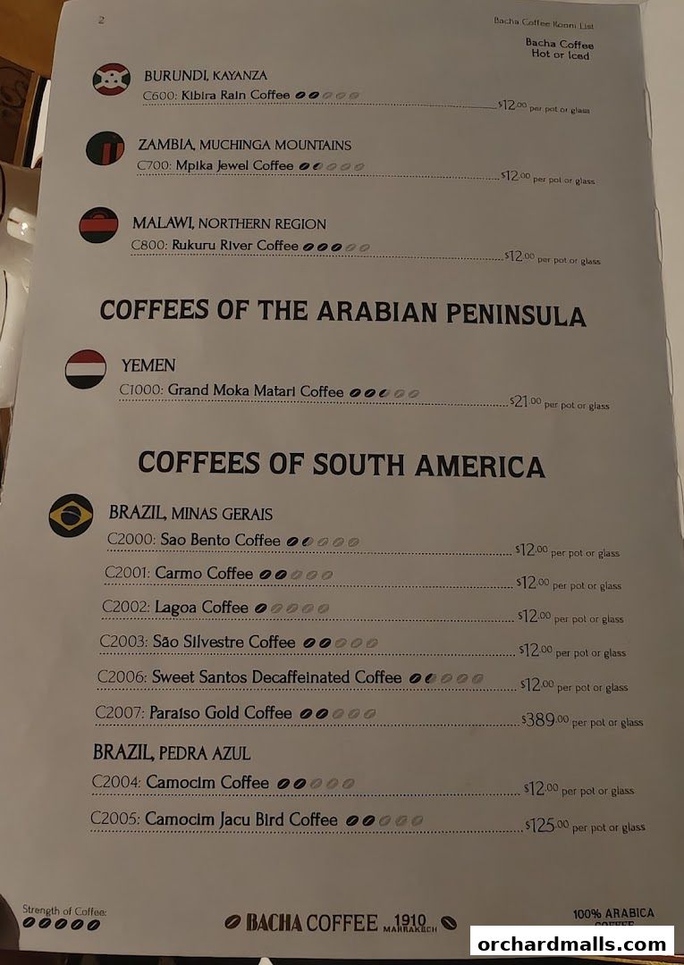 A menu from Bacha Coffee featuring coffees from various regions with prices.