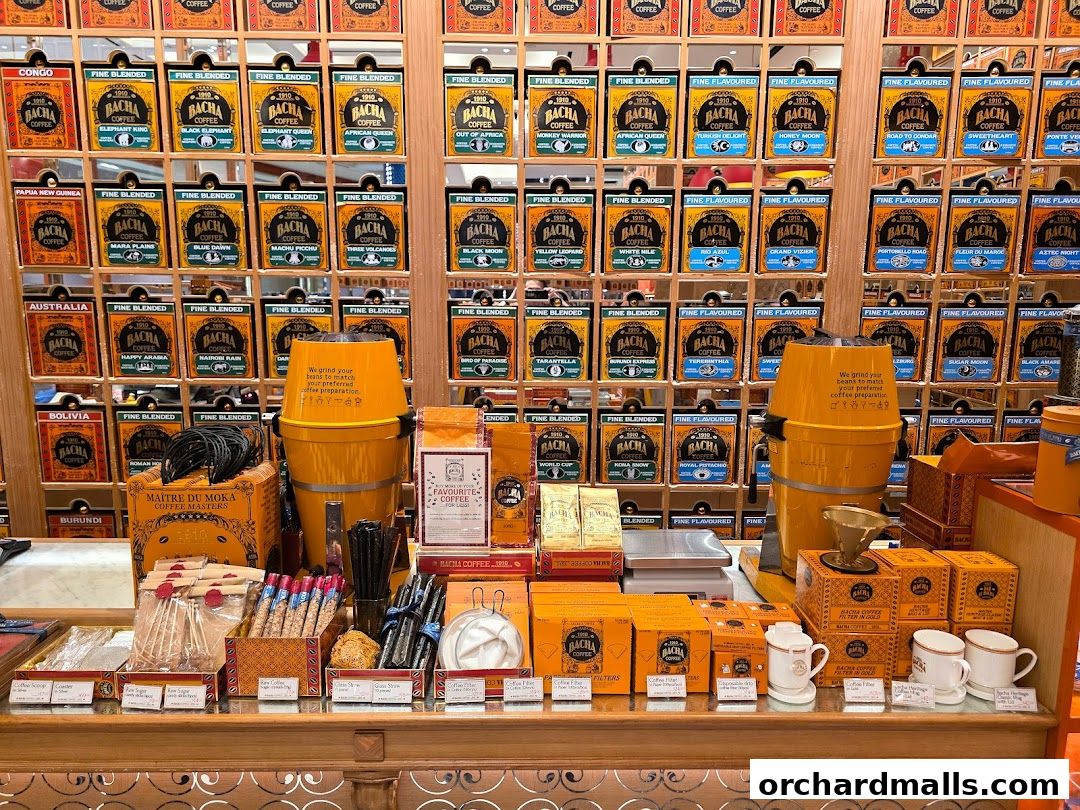 A display of Bacha Coffee products, featuring numerous coffee tins and coffee-related accessories.