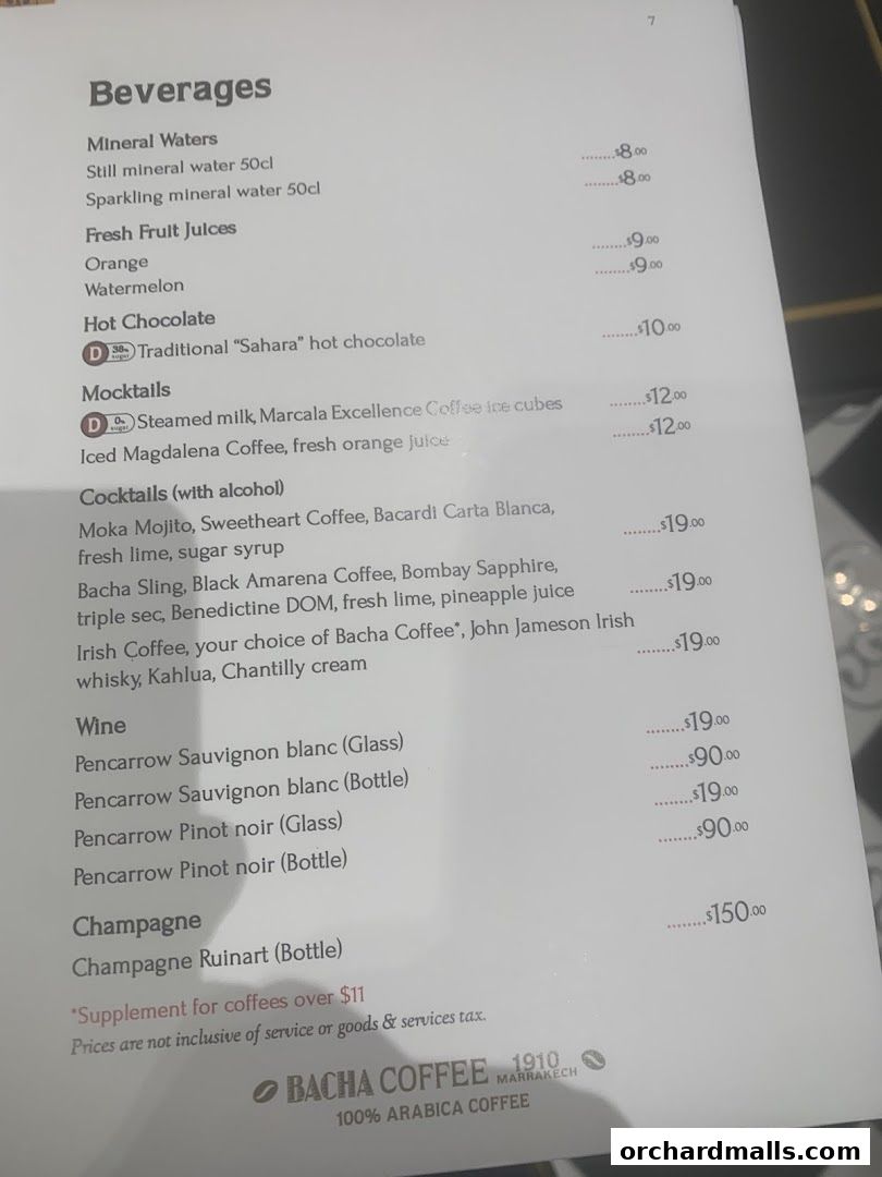 A menu from Bacha Coffee featuring a variety of beverages including mineral waters, juices, hot chocolate, mocktails, cocktails, wine, and champagne.