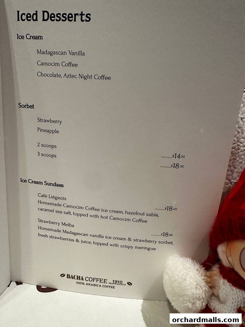 A menu from Bacha Coffee featuring iced desserts like ice cream, sorbet, and sundaes.