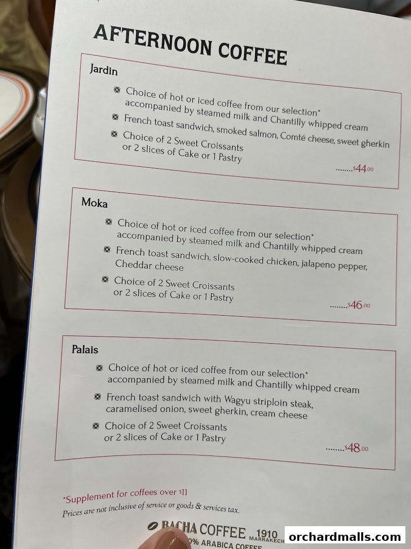A menu page for Bacha Coffee's Afternoon Coffee offerings, featuring three distinct sets.