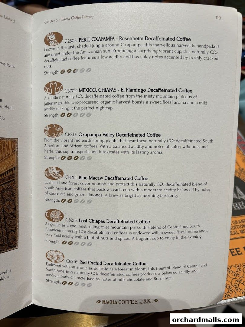 A page from the Bacha Coffee Library detailing various decaffeinated coffee offerings.