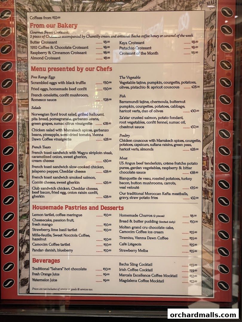 A menu from Bacha Coffee ION Orchard featuring bakery items, chef's specials, pastries, desserts, and beverages.