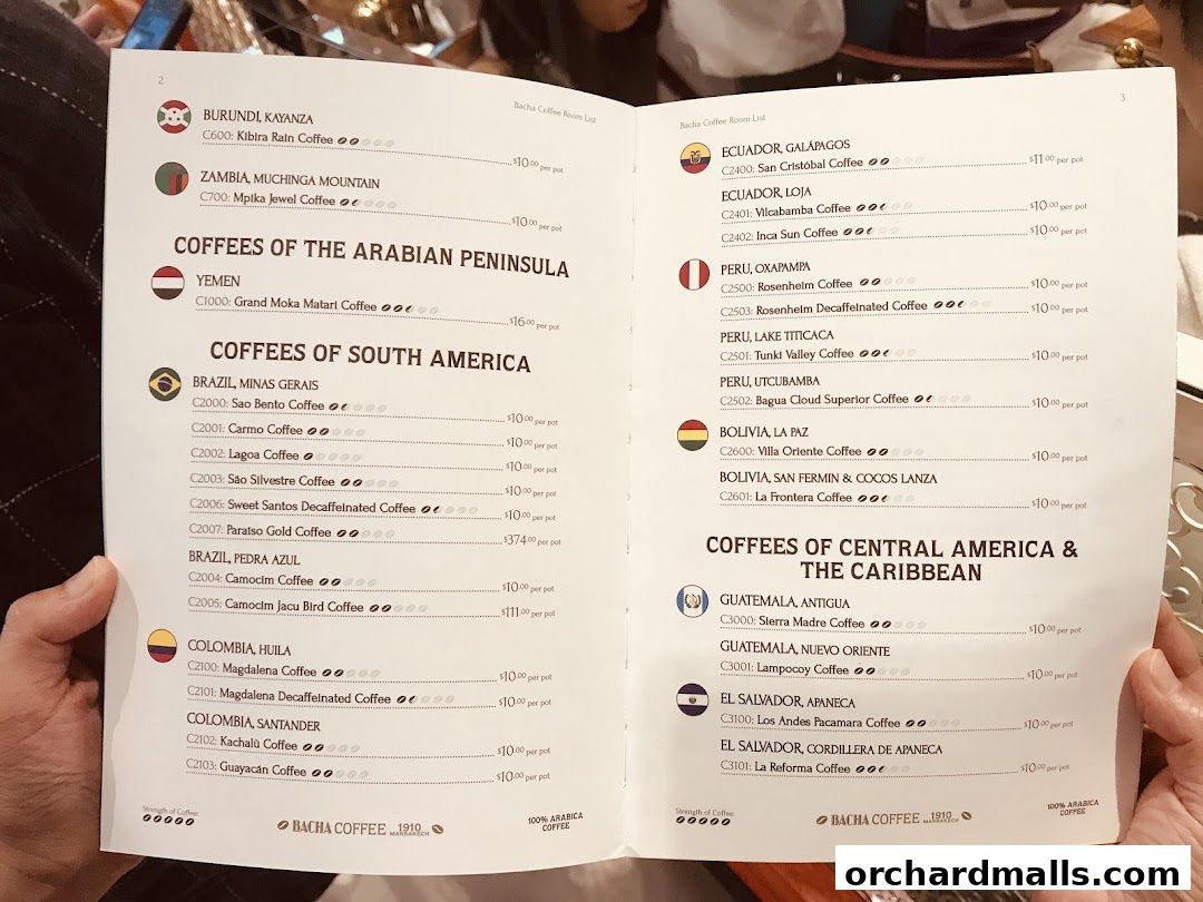 A menu from Bacha Coffee listing various coffees from different regions with prices.