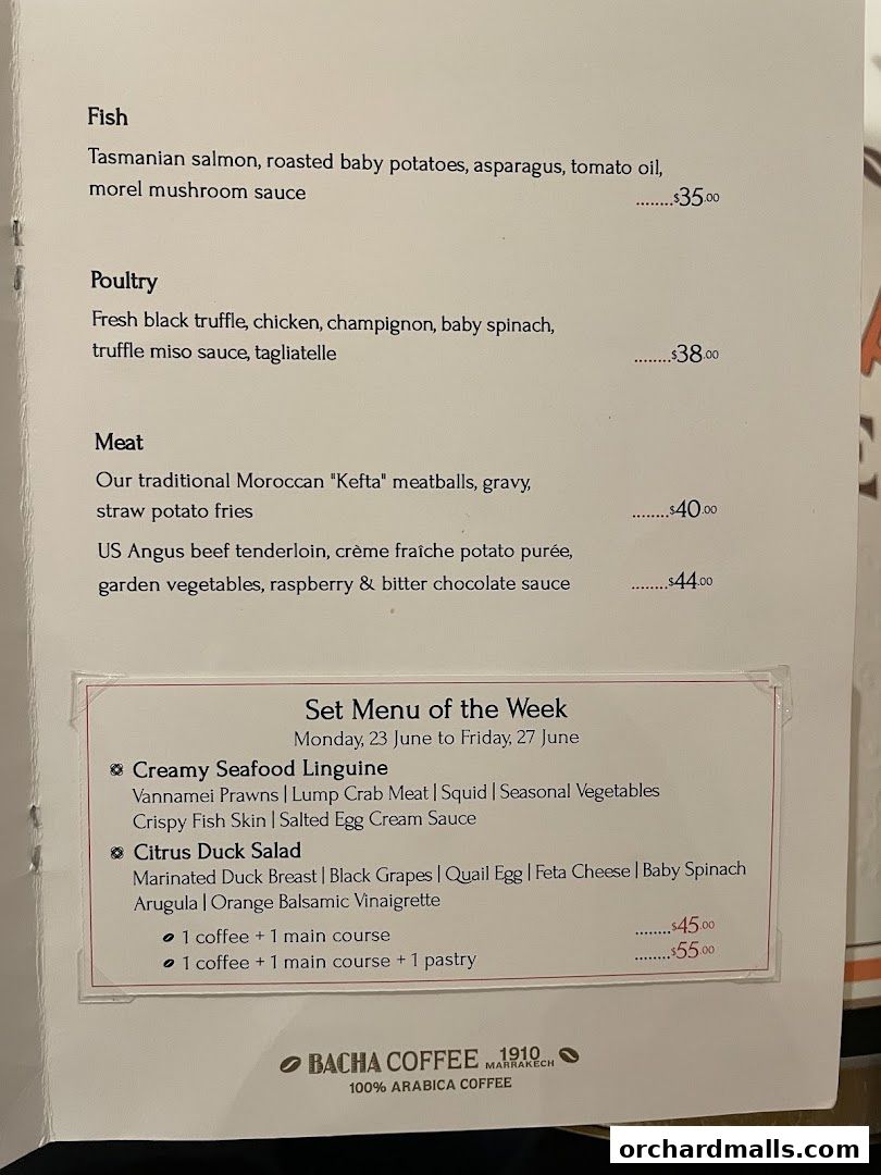 A menu from Bacha Coffee featuring fish, poultry, meat dishes, and a set menu.