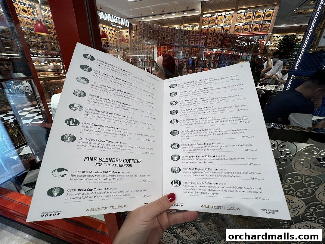 A person holds open a Bacha Coffee menu featuring various coffee blends with descriptions and prices.