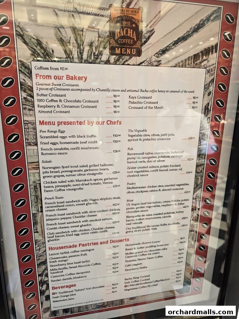 A menu from Bacha Coffee featuring a variety of coffees, bakery items, salads, French toasts, and desserts.