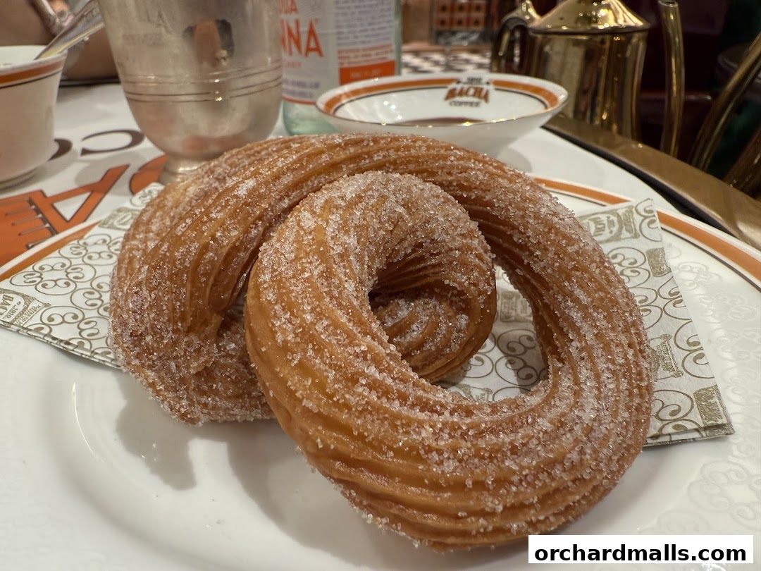 Two golden-brown churros coated in sugar are presented on a white plate with a Bacha Coffee napkin.