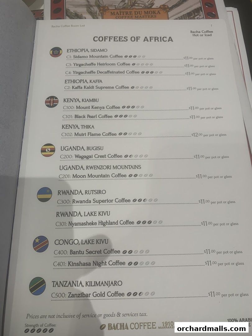A menu listing various coffees from Africa with their origins and prices.