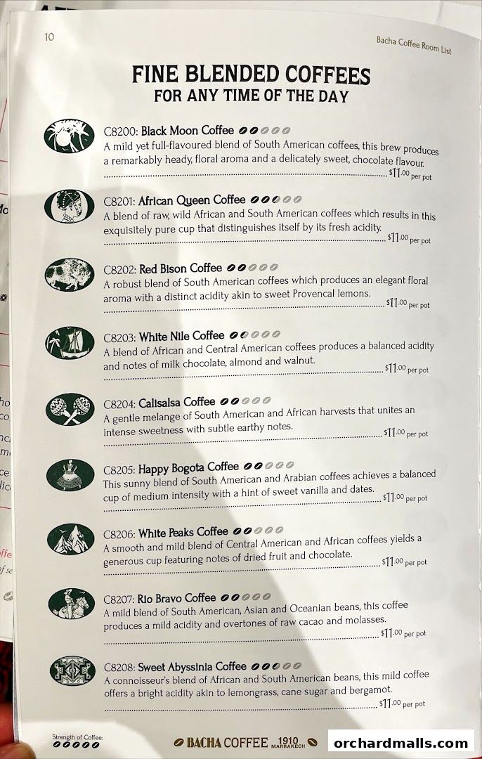 A menu page from Bacha Coffee listing various fine blended coffees with descriptions and prices.