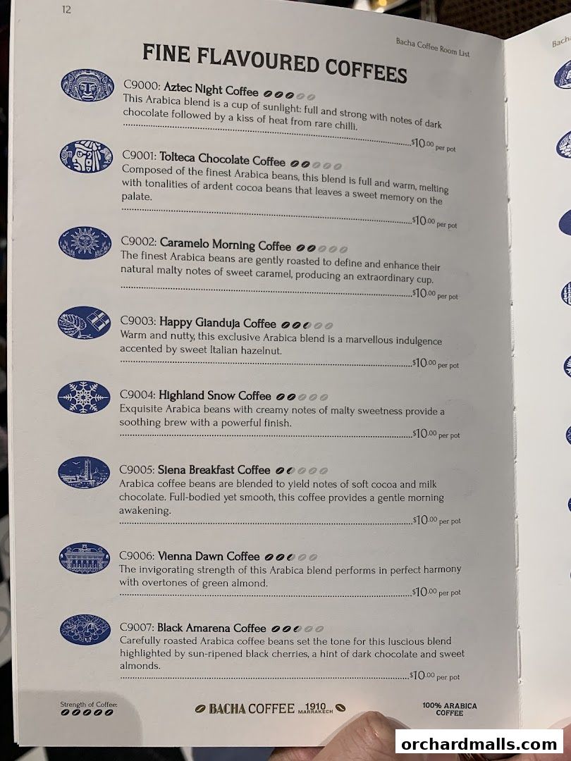 A menu page from Bacha Coffee listing various fine flavored coffees with descriptions and prices.