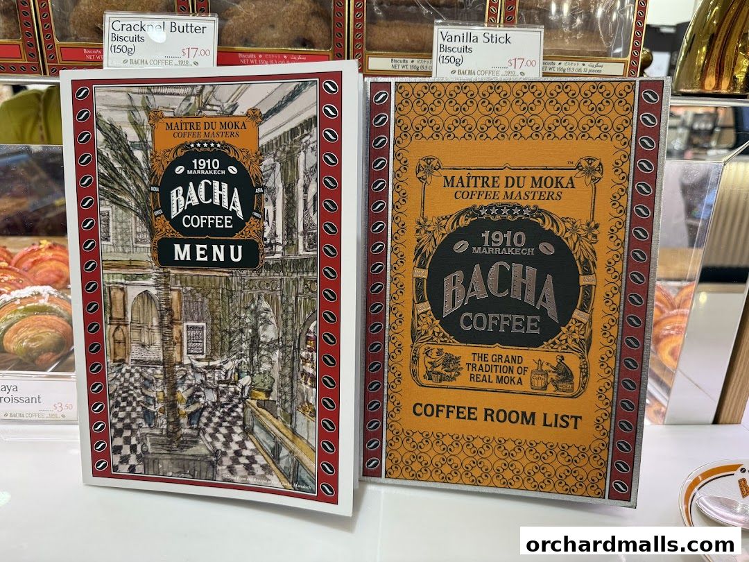 Two Bacha Coffee menus are displayed, one with a detailed illustration and the other with ornate patterns.
