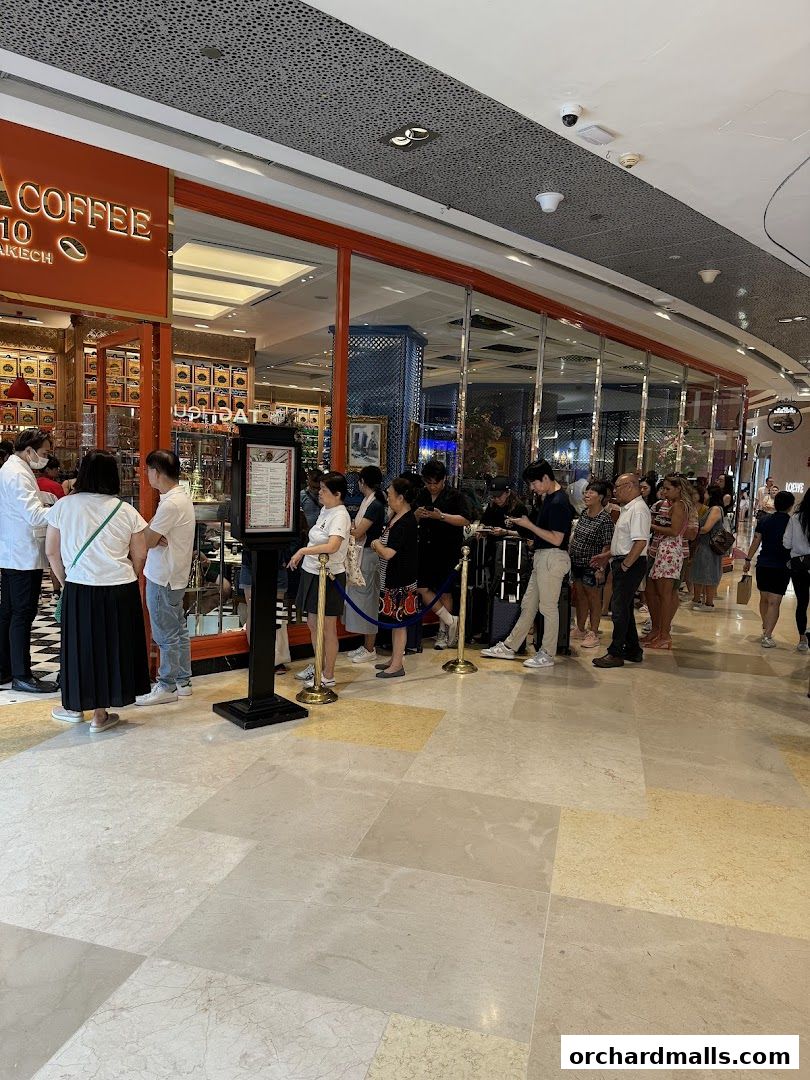 A long queue of customers waiting outside Bacha Coffee Takashimaya.