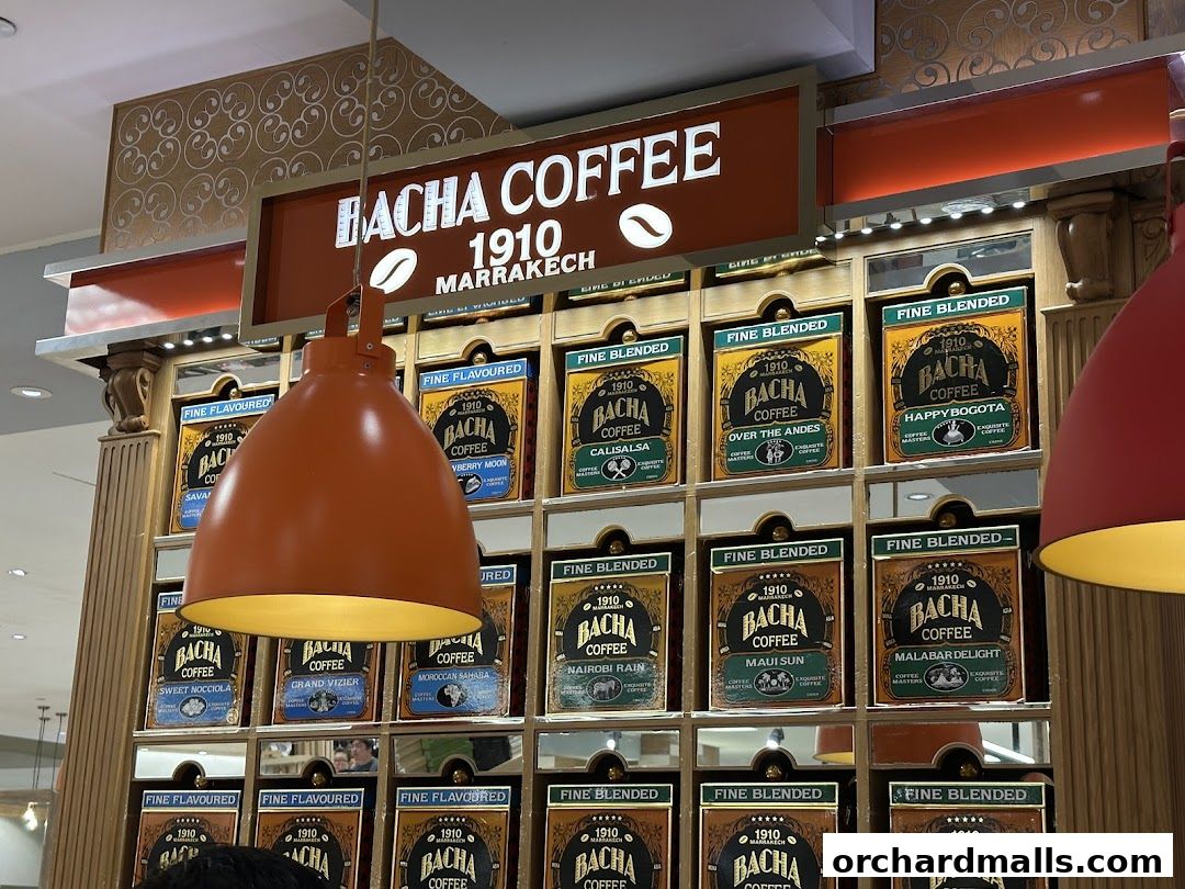 A display of Bacha Coffee tins with various flavors and blends.