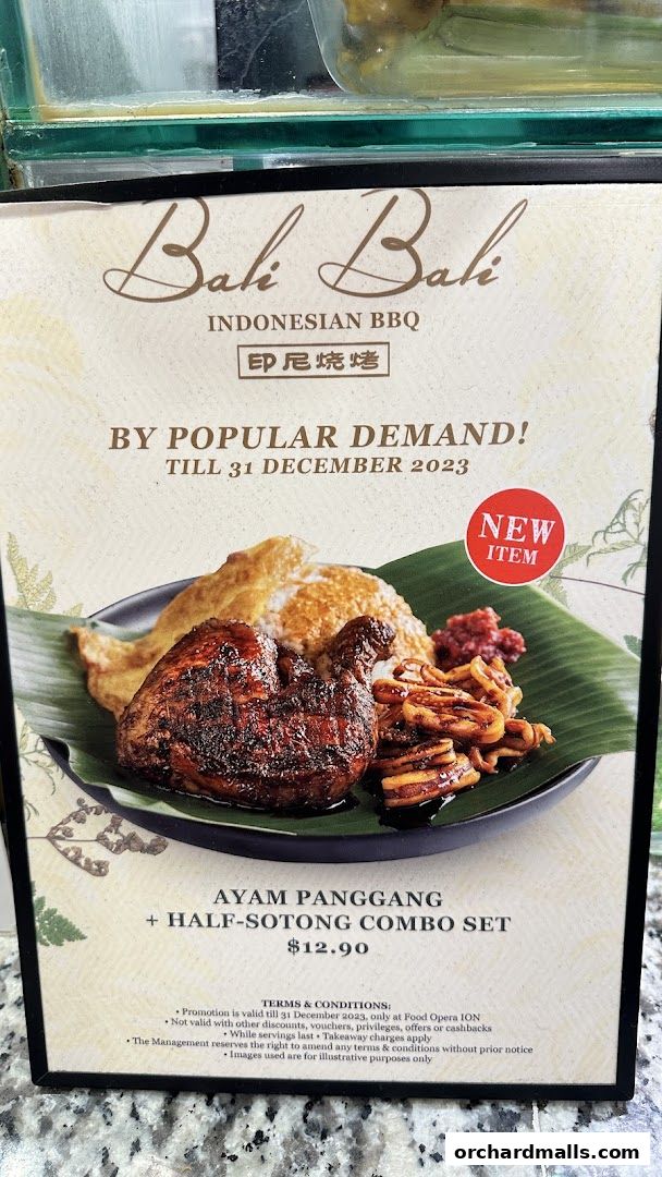 A menu item from Bali Bali Indonesian BBQ featuring Ayam Panggang and Half-Sotong Combo Set.