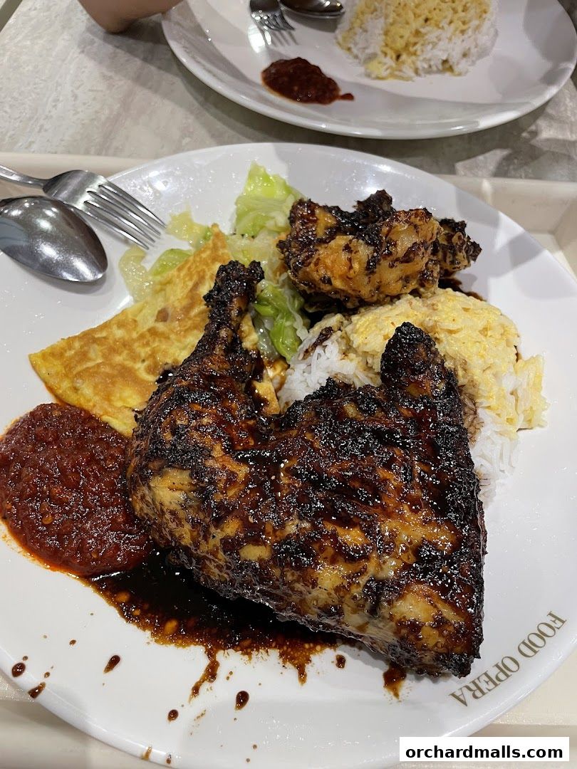 A plate of Indonesian BBQ chicken with rice, omelet, and chili sauce.