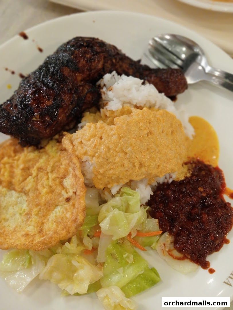 A plate of Indonesian BBQ chicken with rice, fried egg, vegetables, and sambal.