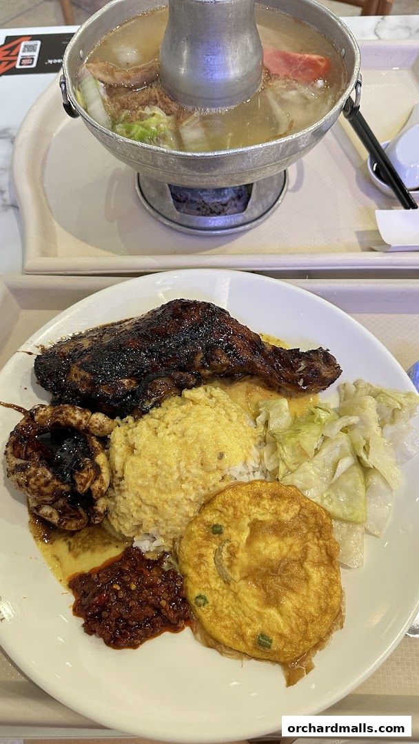 A plate of Indonesian BBQ chicken with rice, omelet, vegetables, and chili paste, next to a hot pot.
