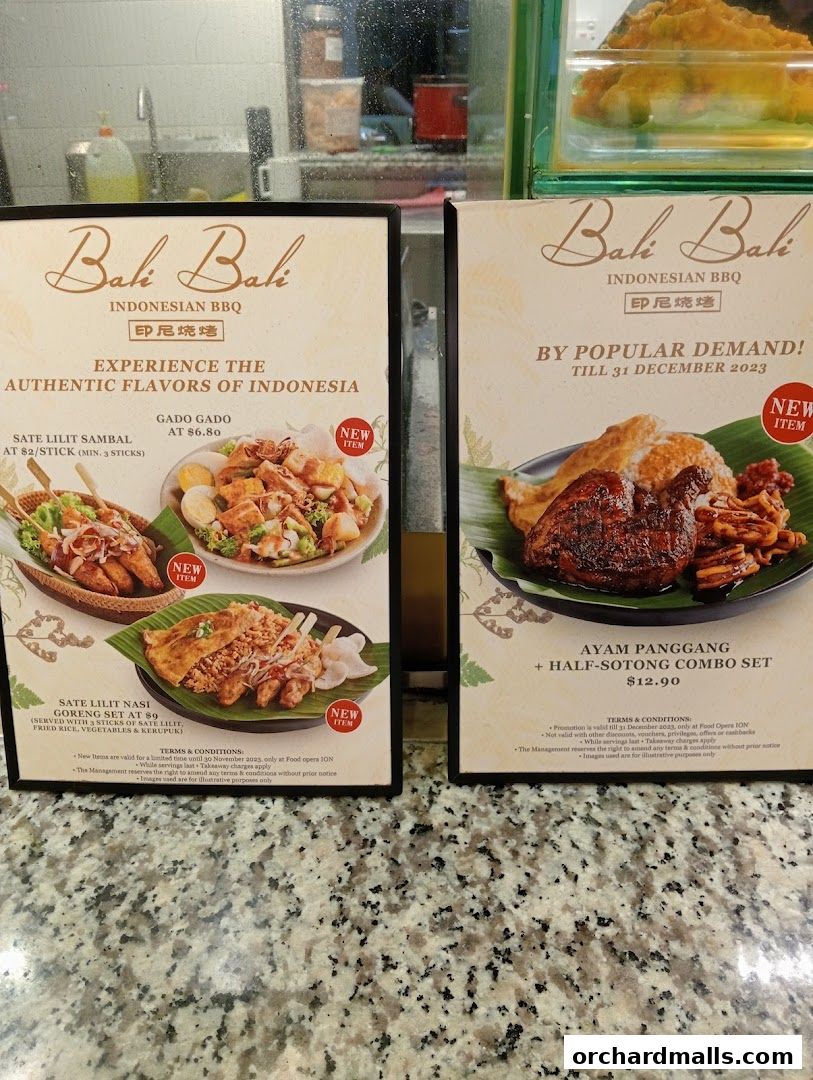 Two menus from Bali Bali Indonesian BBQ showcasing various dishes and combo sets.