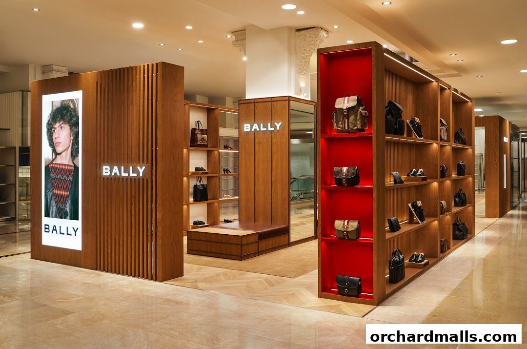 Interior view of a Bally store showcasing handbags and shoes on display shelves.